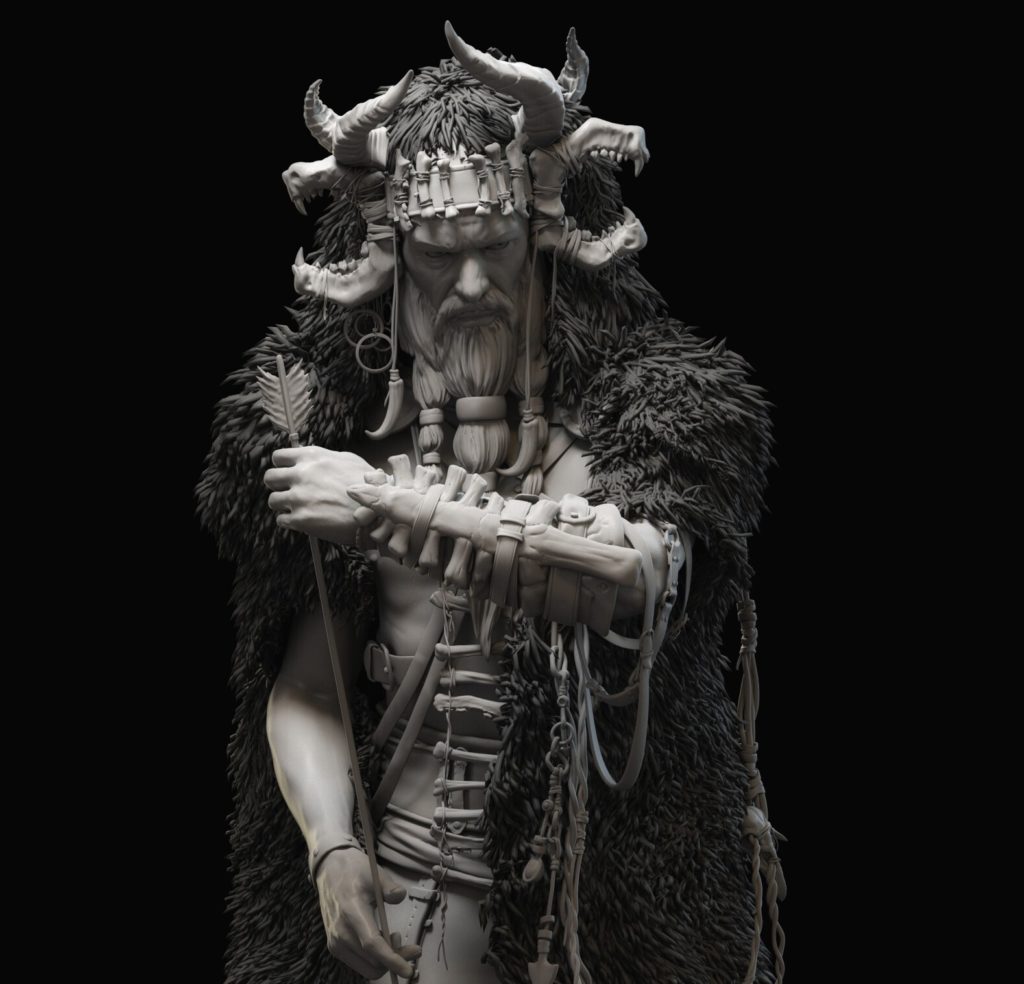 Un chamane viking portant cornes, ossements et peau de bête.